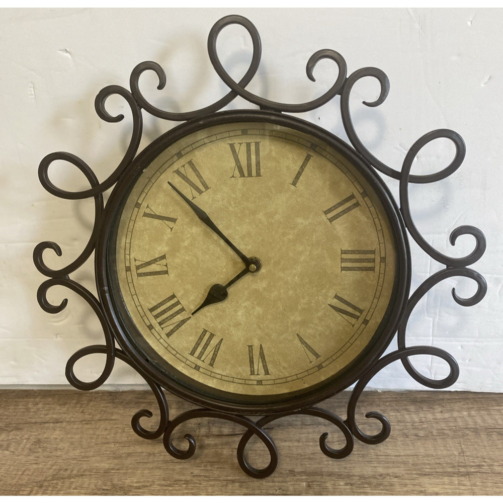 Black Metal Welded Clock Antiquities Roman Numerals 12" Inch Round Brown WORKS